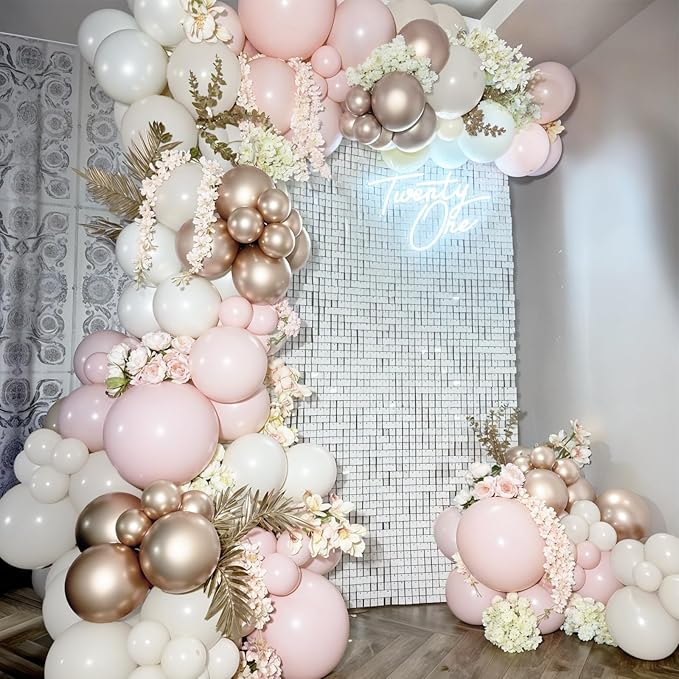 Pink and Gold Balloons 12 Inch Pastel Light Baby Pink Double Stuffed Sand White Sand Beige Champagne Gold Metallic Latex Party Balloon for Boho Birthday Baby Bridal Shower Wedding Party Decor