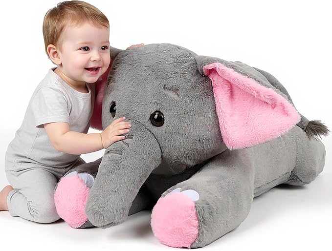 32" Big Elephant Stuffed Animal, Giant Grey Elephant Plush Toy Huge Size Fluffy Plushy Fat Plushie Gift for Kids