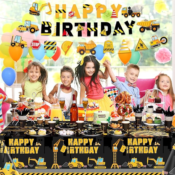 Tiamon 173 Pcs Construction Birthday Party Supplies Serves 24 Include Construction Tablecloth Dump Truck Banners Plates Napkins Tableware Set for 2nd Theme Birthday Party Decoration