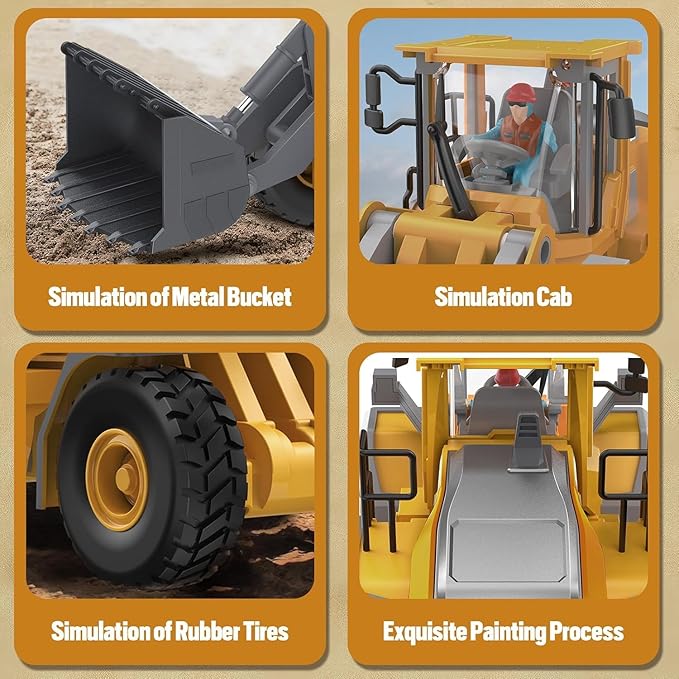 Remote Control Excavator (11-Channel), Dump Truck, Bulldozer, Loader (9-Channel), 2.4GHz Remote Control Construction Vehicles, Metal Construction, with Cool Lights and Sound Effects, 4-Pack