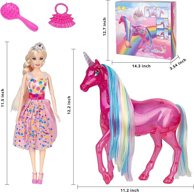 BETTINA My Dreamy Unicorn and Princess Doll Playset, Large Size Unicorn Toys with Magical Rainbow Lights & Realistic Horse Sounds, Ideal Unicorn Gifts Horse Play Set for Girls 3-9