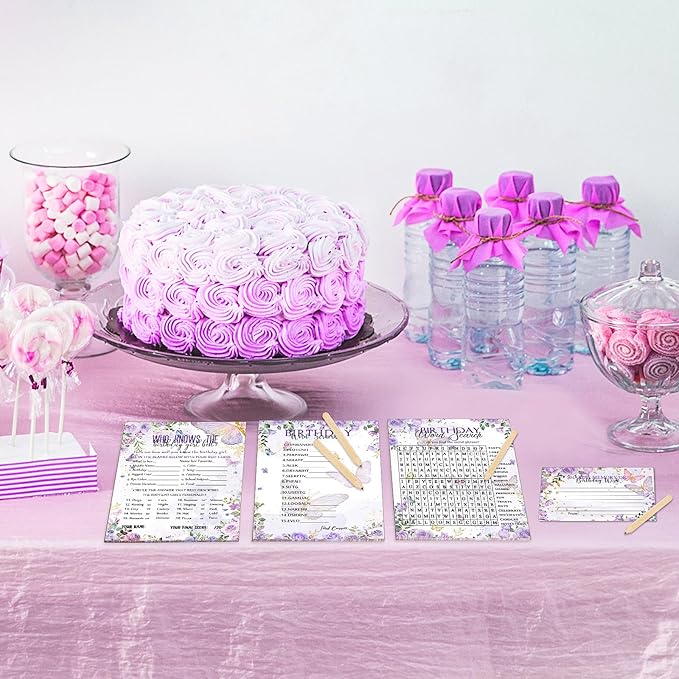 Fumete 100 Pcs Who Knows The Birthday Girl Best Cards with 20 Pre Pointed Pencils Set for 20 Guests, Girls Birthday Night Game Ideas, Girls Her Sleepover Party Supplies, 4 Activities(Butterfly)