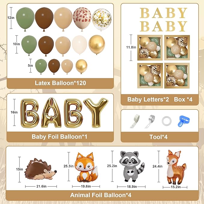 Amandir 137pcs Woodland Animals Baby Shower Decoration Boxes Sage Green Brown Balloon Garland Arch Kit Woodland Themed Animal Foil Balloons for Neutral Forest Jungle Safari Party Supplies