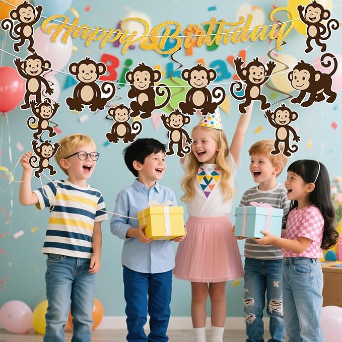 Monkey Birthday Party Decorations Jungle Theme Party Supplies Monkey Happy Birthday Banner Sign Monkey Hanging Cutouts Swirls for Boys Girls Safari Wild Animals Party Baby Shower Favors Decor
