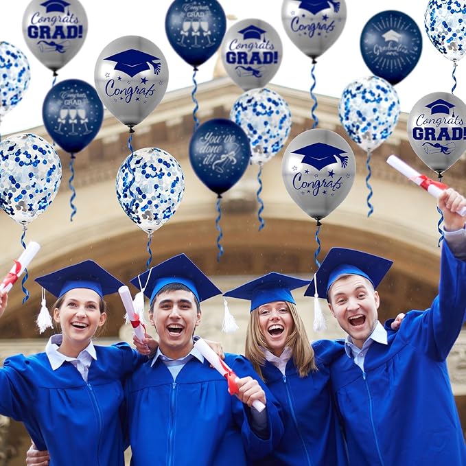 Whaline 60Pcs Graduation Party Balloon Set 7 Designs Confetti Latex Balloon with 2 Rolls Ribbon Grad Cap Congrats Grad Balloon for Graduation Party Decor Supplies (Navy Blue, Silver)