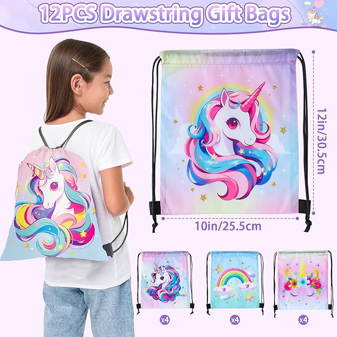 12 Sets Unicorn Party Favors Birthday Supplies for Girls Kid, Drawstring Bag Silicone Bracelet Tattoo Sticker Keychain Goodie Bag Stuffer Filler Unicorn Birthday Decorations Girls Party Favors