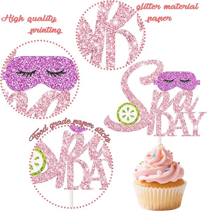 Spa Cupcake Topper Glitter Makeup Themed Birthday Cupcake Decorations 24Pcs Spa Party Cupcake Picks Spa Day Mask Slumber Cake Decor for Makeover Mask Sleepover Birthday Party Supplies