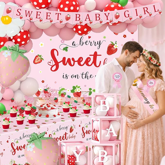 Strawberry Baby Shower Decorations, A Berry Sweet Baby Is On The Way Decorations for Girl, It's a Girl Gender Reveal, Red and Pink Backdrop Balloon Arch Box Tablecloth Cake Topper Party Decor 141pcs
