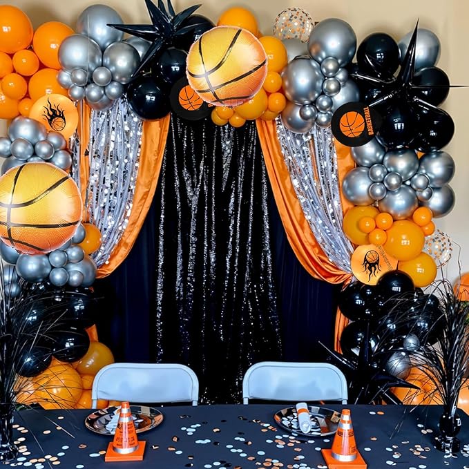 Basketball Balloons, Orange Black Metallic Silver Confetti Balloons with Basketball Foil Balloon for Boy Birthday Sport Party Graduation Baby Shower Backdrop