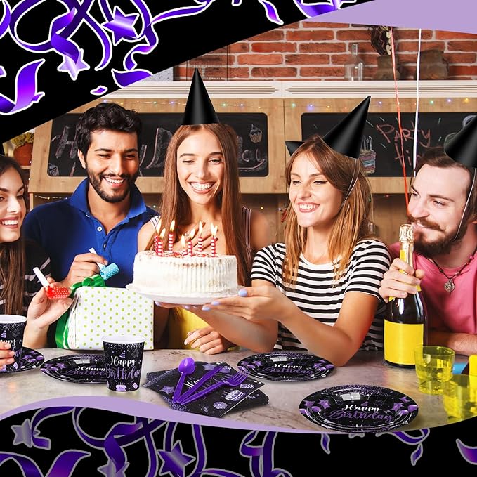 Vesici 350 Pcs Happy Birthday Party Supplies Disposable Party Tableware Set Serves 50 Included Plates Napkins Cups Cutlery for Men Woman 50th 80th Birthday Party Decorations (Black Purple)