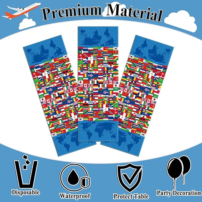 3 Pieces International Flag Tablecover World Flag Party Tablecloth Decorations Disposable Plastic Table Cover Birthday Party Decor Supplies Favors Outdoor Indoor