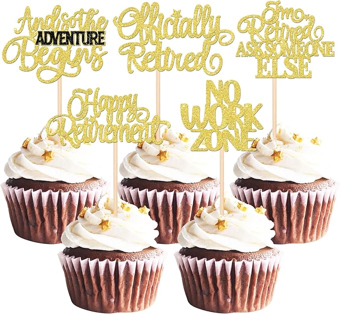30 PCS Happy Retirement Cupcake Toppers Officially Retired Cupcake Picks No Work Zone Adventure Begins Cake Decorations for Retirement Theme Farewell Birthday Party Supplies Gold