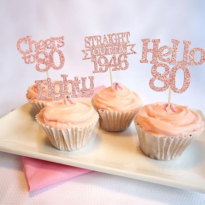 Ephlyn 24Pcs Happy 80th Birthday Cupcake Toppers Glitter Straight Outta 1946 Cupcake Picks Hello 80 Cheers to 80 Years Birthday Cake Decorations for 80th Birthday Anniversary Party Supplies Rose Gold