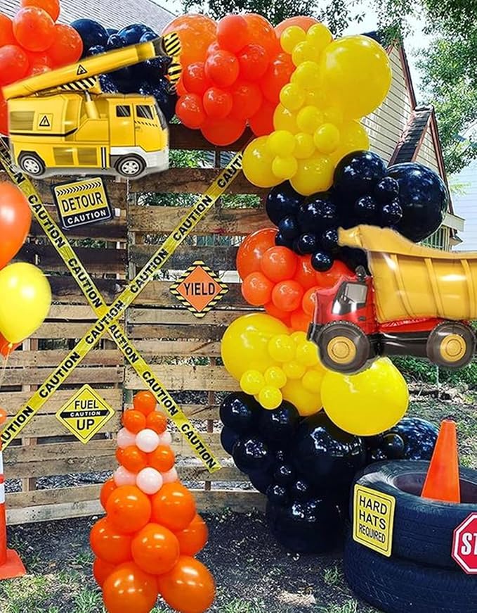 Construction Balloons, 12 inch Black Orange Yellow Balloons,Excavator Helmet Warning Printed Latex Balloons for Construction Party Birthday Truck Theme Baby Shower Boys Party Supplies