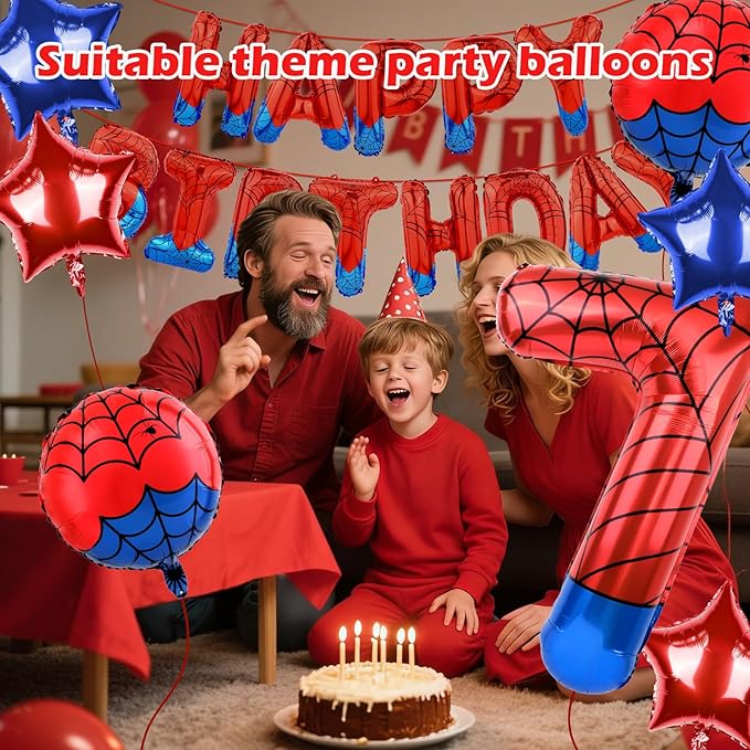 Spider Themed Happy Birthday Banner Party Decorations Set Including 40 Inch Number 7 Foil Balloons, Themed Party Essentials, Colorful Superhero Backdrop Supplies for Boys Indoor Outdoor Celebration
