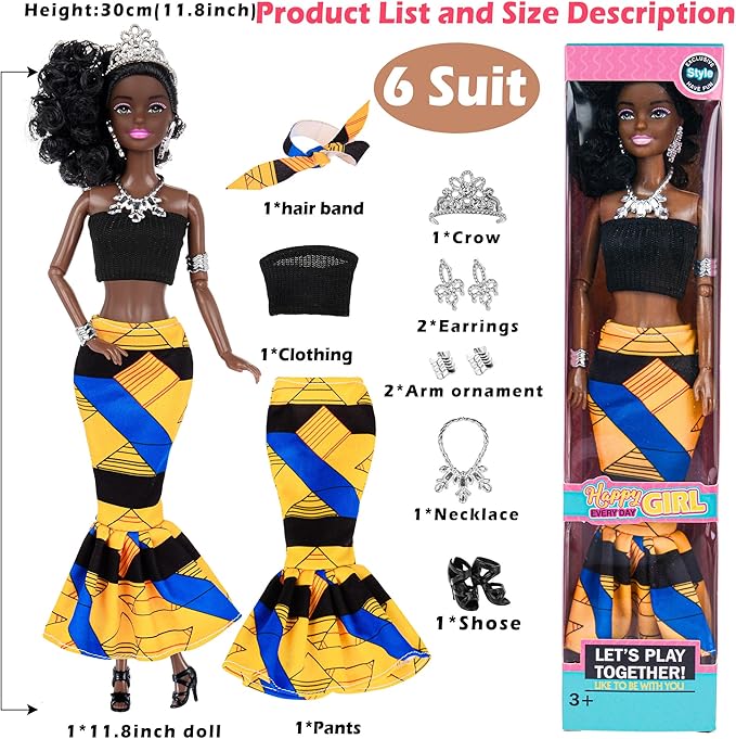 6 Pack African American Fashion Dolls Set with Mix & Match Outfits – 11.5" Posable Black Dolls & 5 Accessories Each (Crown, Necklace, Headscarf & More) + Pink Gift Case