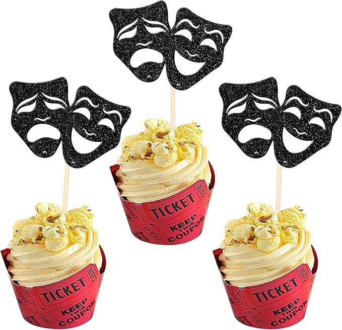24 PCS Theatrical Mask Cupcake Toppers Glitter Comedy Movie Night Cupcake Picks for Film Festival Theme Birthday Party Cake Decorations Supplies Black