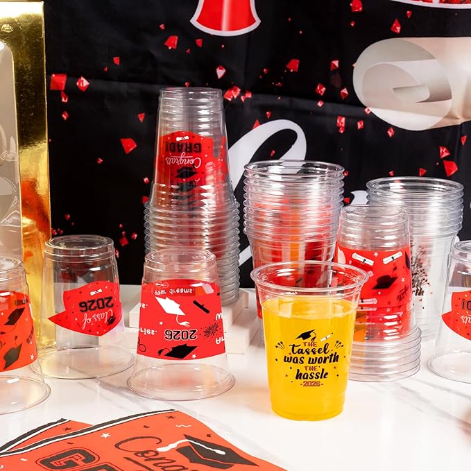 GuassLee Black and Red Graduation Decorations 2026 Party Cups - 50pcs 12 Oz Black Red White Disposable Graduation Plastic Cups for Drinks Class of 2026 Grad Party Favors Supplies