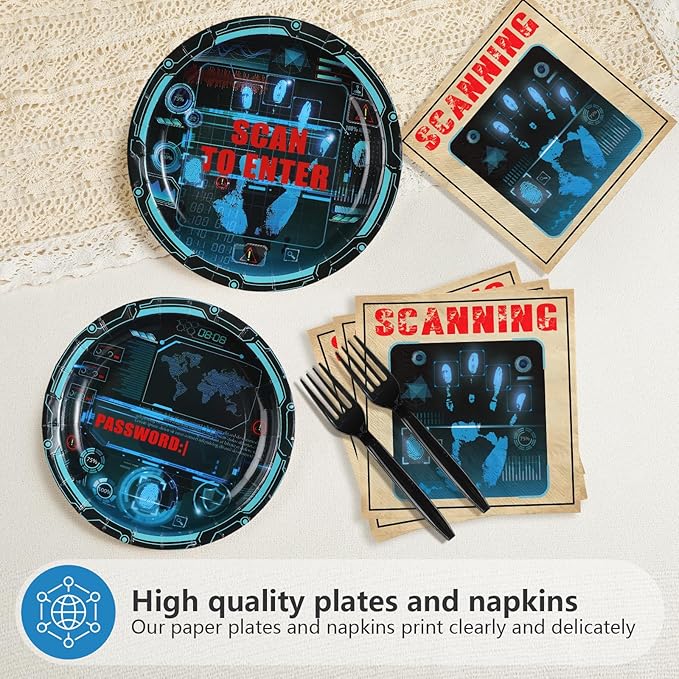 96Pcs Secret Agent Party Decorations Top Secret Spy Plates and Napkins Tableware Set Detective Decorations for Kids Baby Shower Escape Room Spy Theme Mystery Birthday Party Supplies Serves 24