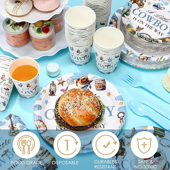 Dandat 350 Pcs Baby Shower Plates Set Baby Shower Party Supplies Serves 50 Tableware Sets Include Plates Napkin Cup Forks Knives Spoons Disposable Dinnerware(Cowboy,Blue)