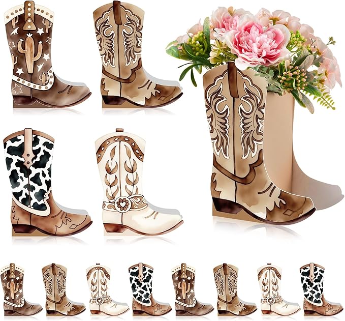 12 Set Western Boots Flower Boxes Centerpiece Boot Shape Gift Boxes Party Decoration Vase Centerpieces for Tables Boots Rodeo Birthday Baby Shower Supplies (Western,Cowboy Cow)