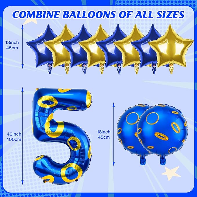 40 Inch Blue and Golden Ring Themed Number Balloon, Number Block Foil Number 5 Balloons Large Big Numbers Helium Balloon for Girls Boys 5th Birthday Theme Party Decorations (Number 5)