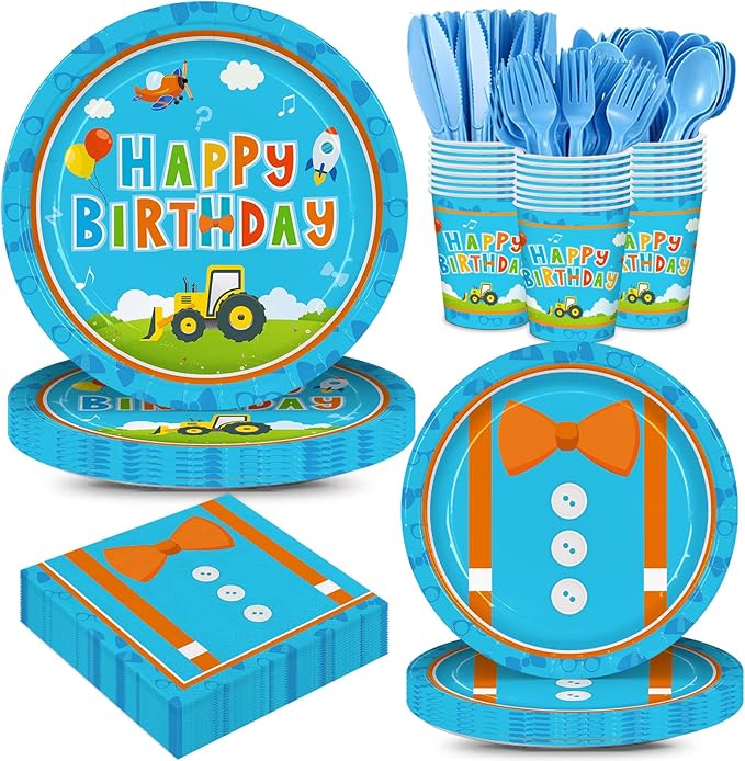 168pcs Blue Birthday Party Supplies Orange Plates Napkins Paper Cups Blue Forks Boys Cartoon Birthday Party Decorations Disposable Tableware Set Serve 24