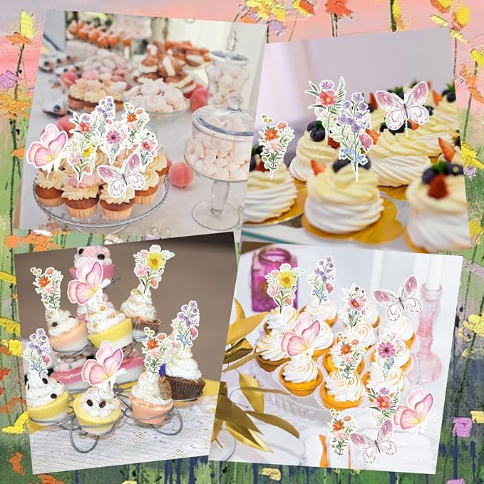 Wildflower Birthday Party Decorations - 40PCS Butterfly and Flower Baby Shower Cupcake Toppers Floral Baby in Bloom Cupcake Picks Decoration for Girls Women