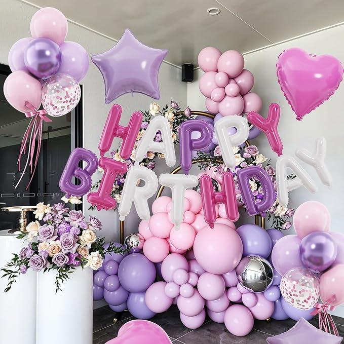 29PC Pink Purple Happy Birthday Balloon Banner, 16 Inch Foil Letters Letter Banner Sign, Pink Purple Balloons Metallic 18 Inch Star Heart Foil Balloon for Women, Men Party Supply