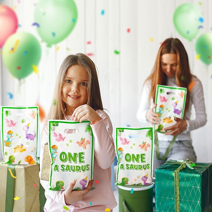 Dinosaur 1st Birthday Party Favor Bags - 50Pcs One A Saurus Green Goody Candy Treat Bags, Cute Dinosaur Theme Plastic One Birthday Party Favor Supplies Decorations for Kids Boys Girls Baby Shower