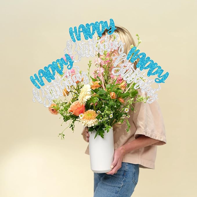 Gyufise 12Pcs Happy Birthday Centerpieces Sticks Double Sided Glitter Birthday Party Decorations Anniversary Table Flower Centerpiece for Celebrating Party Supplies Blue Silver