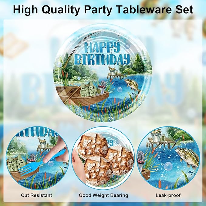 Avezano 192 pcs Fishing Birthday Decorations Fishing Birthday Party Disposable Plates and Napkins Set Fisherman Party Paper Tableware Supplies Serve 24
