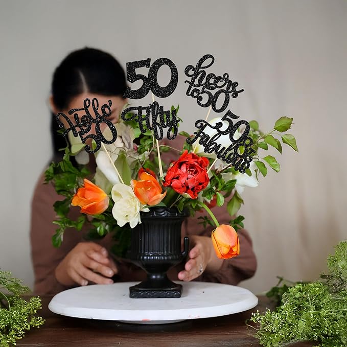 Gyufise 15Pcs 50th Birthday Centerpiece Sticks Fifty Happy 50th Table Flower Centerpieces Sticks Cheers to 50 Floral Decorations for 50th Birthday Party Centerpieces Supplies Black