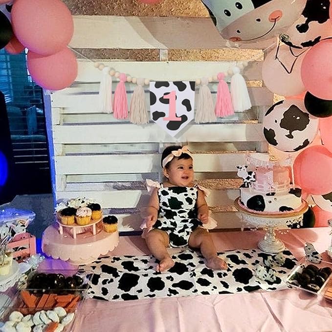 Holy Cow 1st Tassels Banner Birthday Decorations Girl - First Highchair Tassels Banner, High Chair Wood Beads Garland Party Supplies, Pink Black White, Photo Props, Handmade