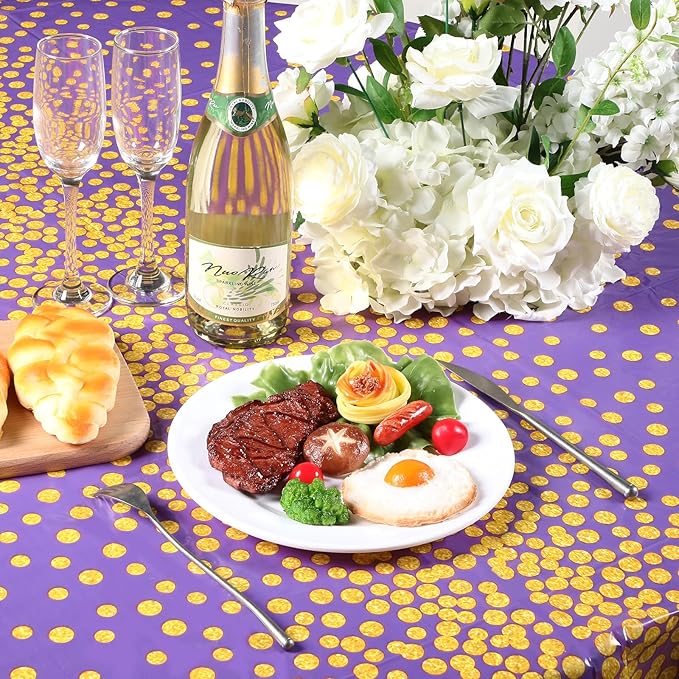 VitalCozy Round Dot Tablecloth 84 Inch Plastic Table Cover Polka Dot Confetti Tablecloths for Easter 2026 Graduation Prom Wedding Birthday Spring Party Supplies(Purple and Gold,3 Pcs)