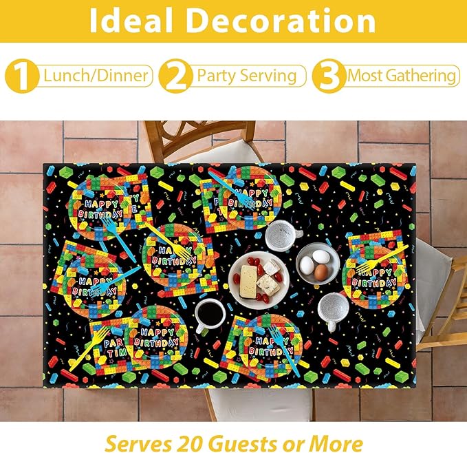 gisgfim Building Blocks Birthday Party Supplies Paper Plates Napkins Colorful Building Block Party Tableware Set for Boys Kids Birthday Decorations Includes Plates, Napkins, Tablecloths Serves 20