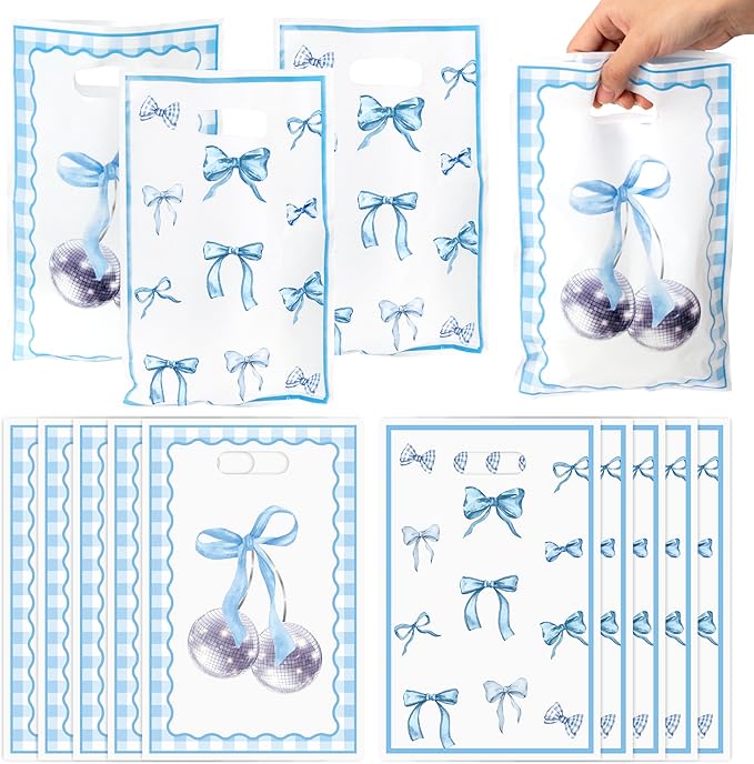 Blue Bow Party Favor Bags - 50Pcs Blue Bow Knot Themed Goody Candy Treat Gifts Bags Party Decorations for Kids Girls Women Birthday Wedding Bridal Shower Supplies