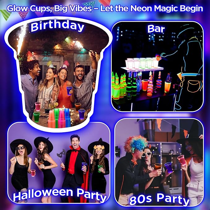 LemonRoad 50 Pack Blacklight Party Glow Cups 16 oz Plastic Neon Cups Disposable Glow in the Dark for Parties Birthdays 80s Themed Events(Multicolor)