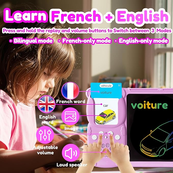 Drawing Tablet with Bilingual Flashcards for Kids - French English Talking Flash Cards, LCD Writing Pad Board, Pocket Speech for Toddlers, Learning Toy Gift for Boys Girls (French, Pink)
