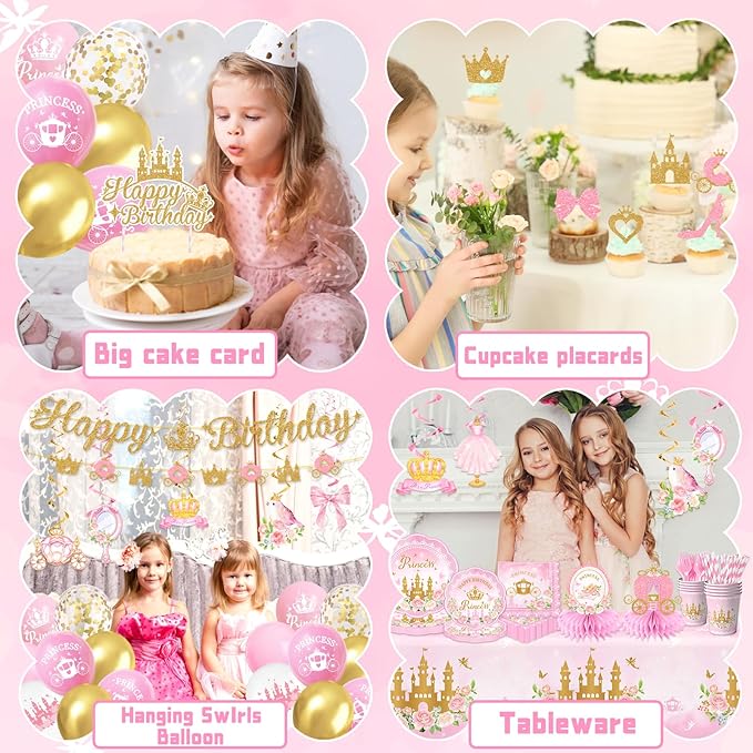 196Pcs Princess Birthday Party Decorations Serves 24,Pink Princess Birthday Themed Tableware Includes Scalloped Plates,Napkins,Tablecloth,Banner,Balloon,Cake Topper for Girls Princess Party Supplies