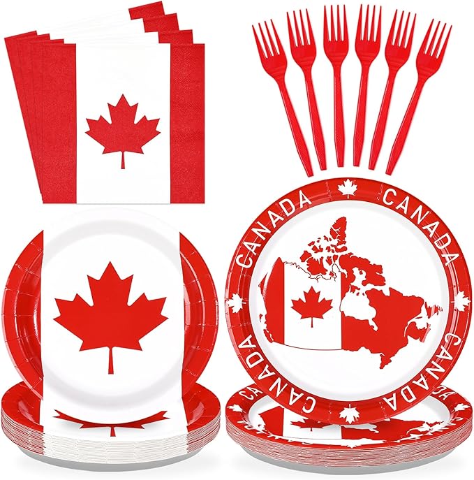 96Pcs Canadian Flag Party Supplies Canada Day Plates and Napkins Tableware Sets Red and White Canada Birthday Decorations for Canadian Theme Family Gathering Party Favors Decor Serves 24