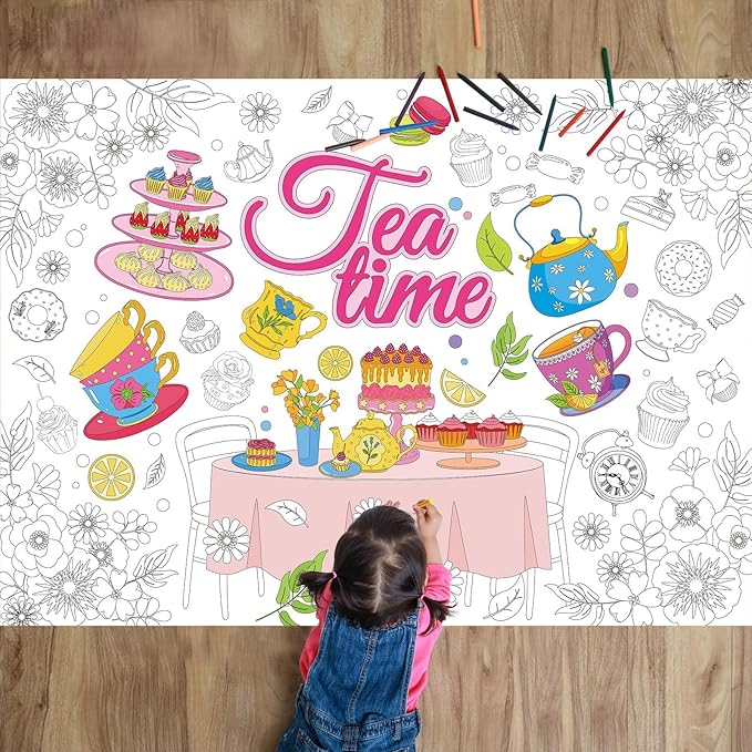 Tea Party Coloring Poster for Kids Spring Giant Coloring Poster Large Flower Tea Time Tablecloth Jumbo Books for Classroom Home Birthday Party Supplies Favor