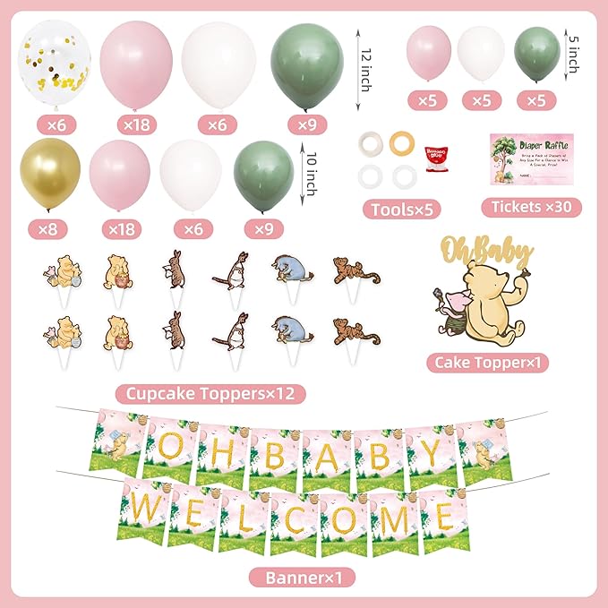 154 PCS Pink Winnie Baby Shower Decorations Kit Vintage Winnie Party Supplies Decorations, All-in-1-Balloon Garland Arch Backdrop, Tablecloth, Cake Topper, Banner, Box Decorations for Girl Baby Shower