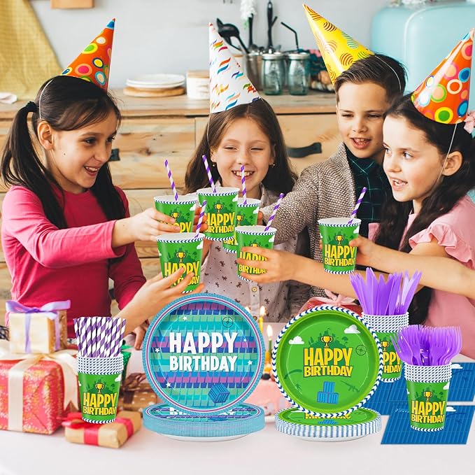 Video Games Party Tableware Supplies，Including Paper Plates Napkins Cups Forks Knives and Straw Video Games Theme Party Birthday Decorations Serve 24 Guests