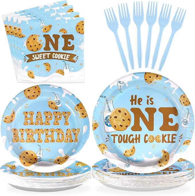 96Pcs Milk and Cookies 1st Birthday Decorations One Sweet Cookie Birthday Plates and Napkins Chocolate Chip Cookies and Milk Drinks Tableware Set for Boy One Year Old birthday Party Supplies Serves 24