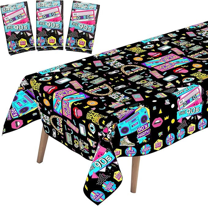 3 Pack 90’s Party Tablecloth, Back to 90s Hip Hop Party Birthday Table Cover for 1990s Theme Party Decorations Supplies