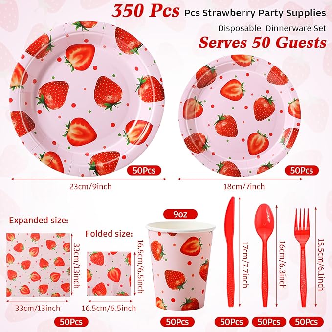 350 Pcs Strawberry Party Supplies Tableware Set Disposable 9'' 7'' Paper Plates 9 oz Cups Cutlery Napkins Dinnerware Set for 1st Berry First Birthday, Serve 50 (Strawberry, Red, Pink)