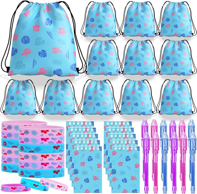 Cartoon Party Favors, Hawai Element Birthday Party Supplies & Goodie Bags for Kids, Include Drawstring Bags Notebook Silicone Bracelet Highlighter for Gifts Fillers