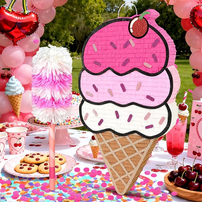 24" Large Ice Cream Pinata for Birthday Party, 3-Layer Neapolitan Summer Sweet Treats Theme Party Supplies, Paper Mache Pinata with Stick, Mask & Confetti, Fun Party Game Decor for Kids Adults