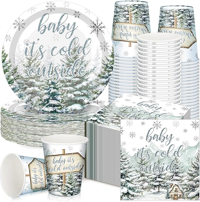 Hushee 200 Pcs Cold Outside Baby Shower Paper Plates Cups Napkins Party Supplies Tableware Set Disposable Cup Napkin for 50 Guest Party Decoration